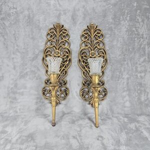 Vintage Burwood Wall Sconce Candleholders Molded Gold Tone With Glass Votives